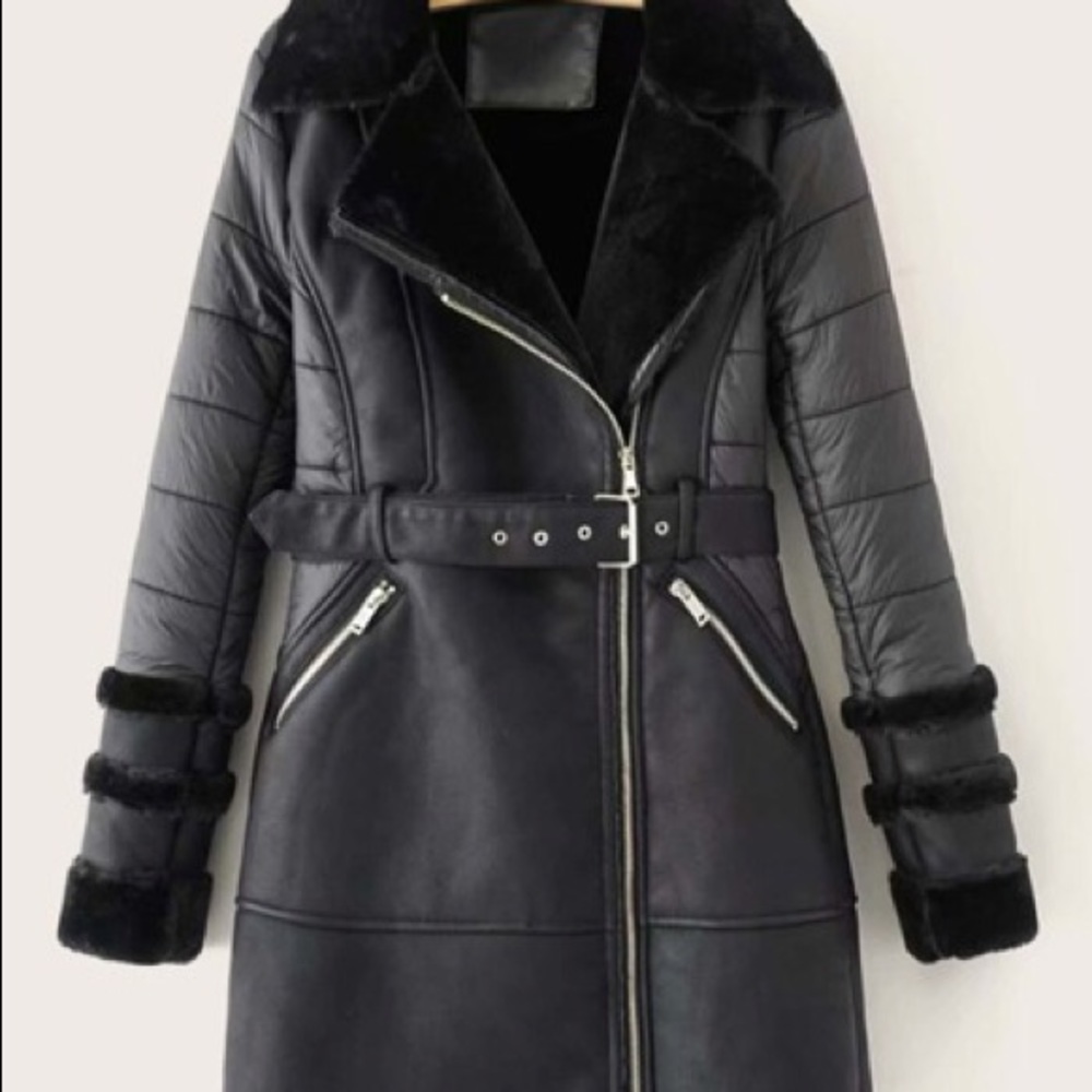 Faux Fur Black Leather Coat